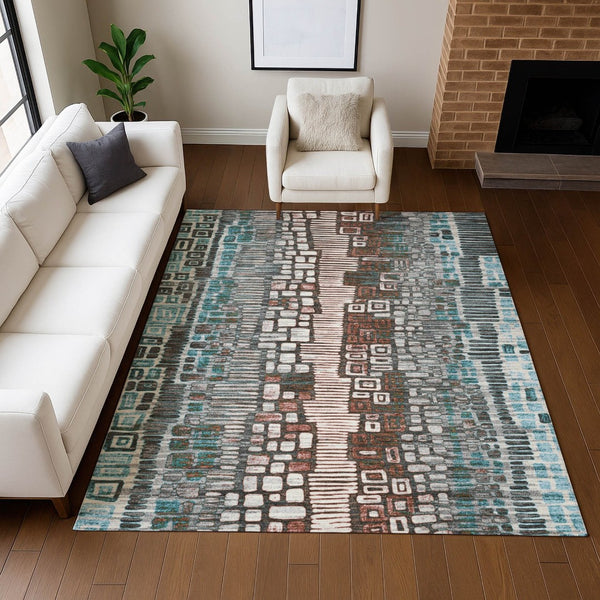 HomeRoots 5' Teal Blue, Ivory & Brown Geometric Area Rug – Washable Indoor/Outdoor Rug for High-Traffic Spaces 641333