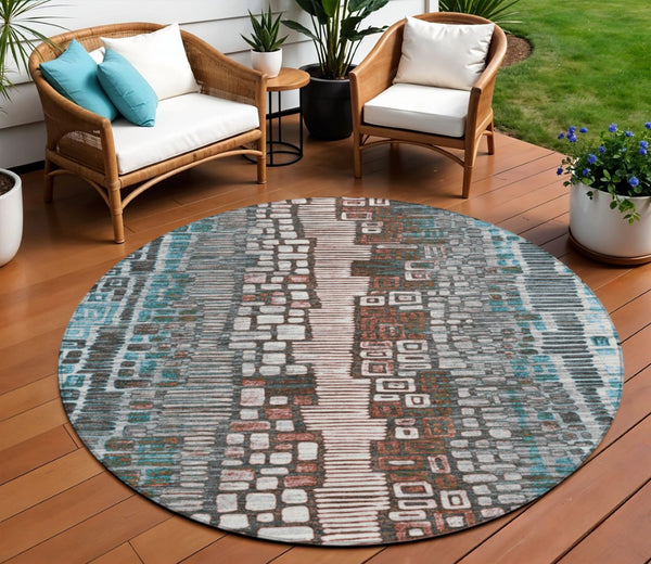 HomeRoots 8' Teal Blue, Ivory & Brown Round Geometric Indoor-Outdoor Rug - Washable, Durable & Stylish Accent 641334