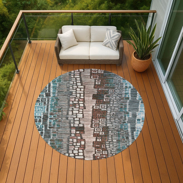 HomeRoots 8' Teal Blue, Ivory & Brown Round Geometric Indoor-Outdoor Rug - Washable, Durable & Stylish Accent 641334