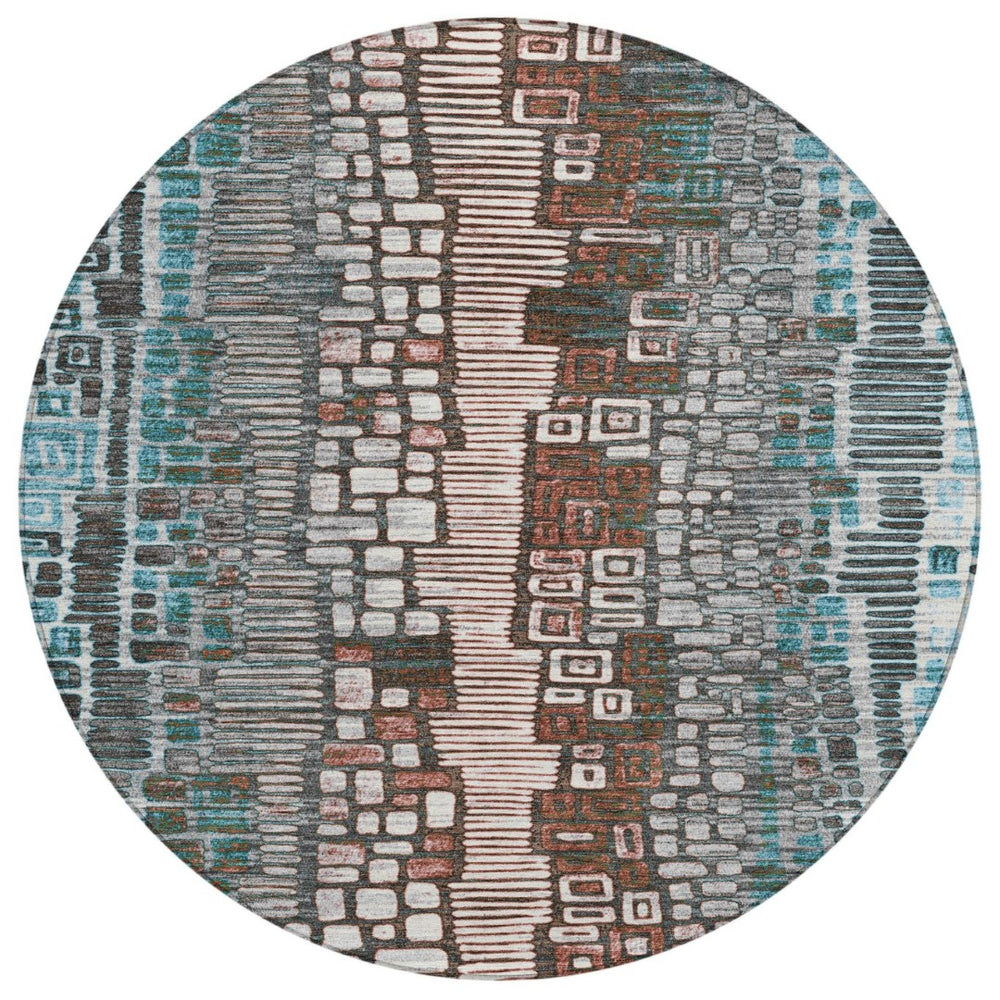 HomeRoots 8' Teal Blue, Ivory & Brown Round Geometric Indoor-Outdoor Rug - Washable, Durable & Stylish Accent 641334