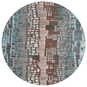 HomeRoots 8' Teal Blue, Ivory & Brown Round Geometric Indoor-Outdoor Rug - Washable, Durable & Stylish Accent 641334