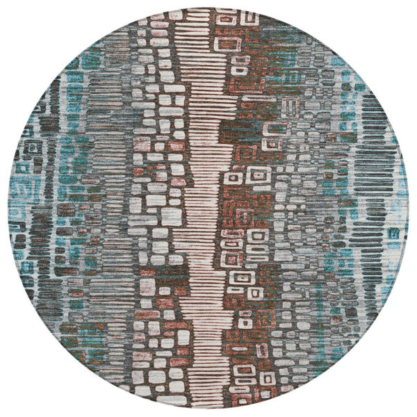 HomeRoots 8' Teal Blue, Ivory & Brown Round Geometric Indoor-Outdoor Rug - Washable, Durable & Stylish Accent 641334