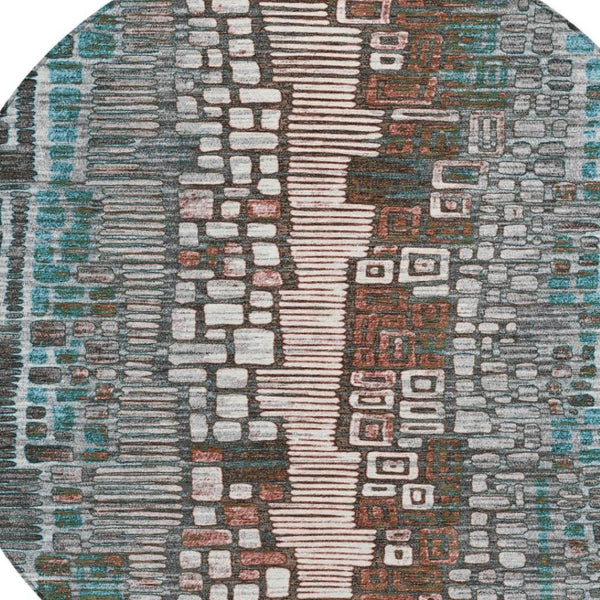 HomeRoots 8' Teal Blue, Ivory & Brown Round Geometric Indoor-Outdoor Rug - Washable, Durable & Stylish Accent 641334