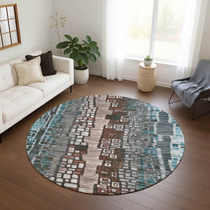 HomeRoots 8' Teal Blue, Ivory & Brown Round Geometric Indoor-Outdoor Rug - Washable, Durable & Stylish Accent 641334