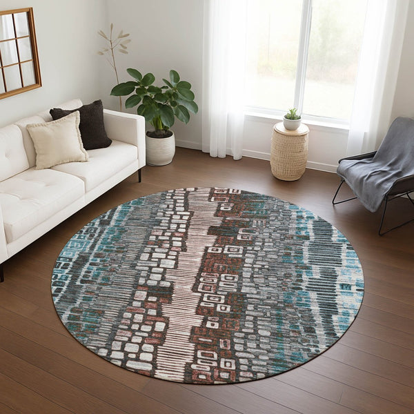 HomeRoots 8' Teal Blue, Ivory & Brown Round Geometric Indoor-Outdoor Rug - Washable, Durable & Stylish Accent 641334