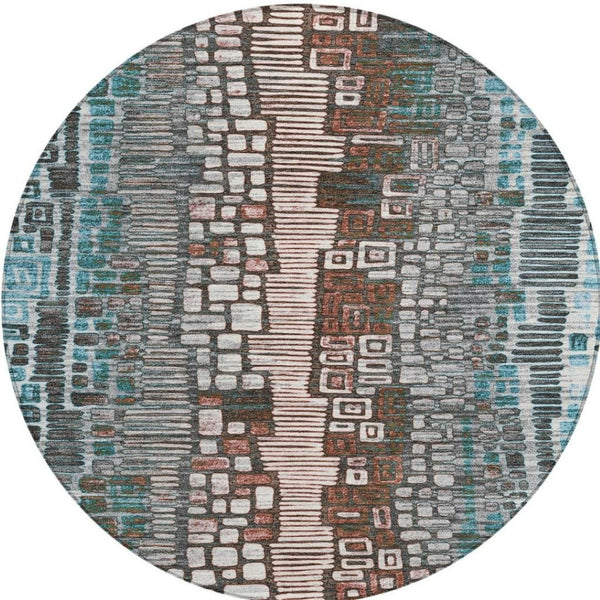 HomeRoots 8' Teal Blue, Ivory & Brown Round Geometric Indoor-Outdoor Rug - Washable, Durable & Stylish Accent 641334