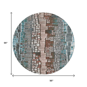 HomeRoots 8' Teal Blue, Ivory & Brown Round Geometric Indoor-Outdoor Rug - Washable, Durable & Stylish Accent 641334