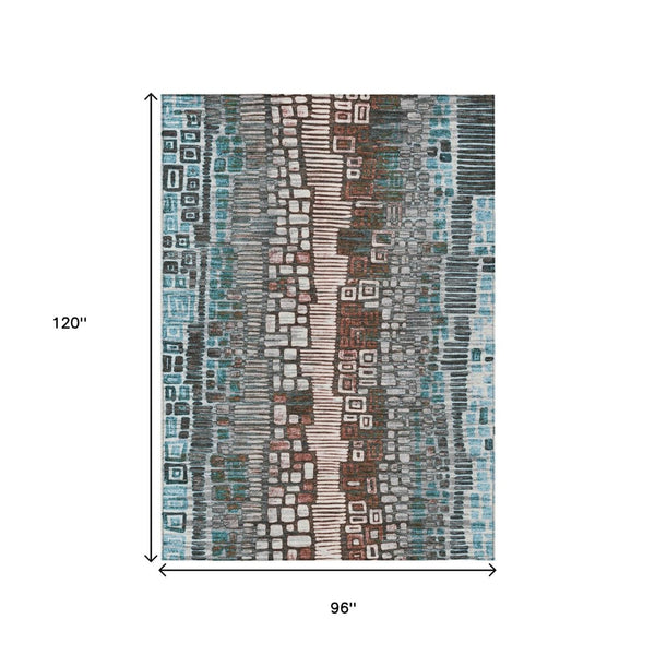 HomeRoots 8' X 10' Geometric Teal Blue and Ivory Indoor Outdoor Area Rug - Washable, Durable, Stylish Design 641335