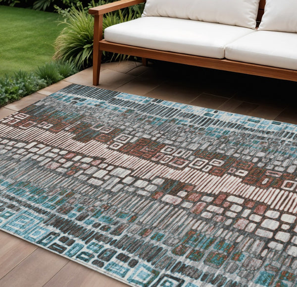 HomeRoots 8' X 10' Geometric Teal Blue and Ivory Indoor Outdoor Area Rug - Washable, Durable, Stylish Design 641335