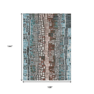 HomeRoots 9' X 12' Teal Blue Ivory Brown Geometric Washable Area Rug for Stylish Indoor & Outdoor Spaces 641336