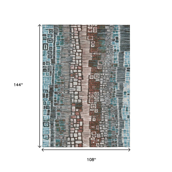 HomeRoots 9' X 12' Teal Blue Ivory Brown Geometric Washable Area Rug for Stylish Indoor & Outdoor Spaces 641336