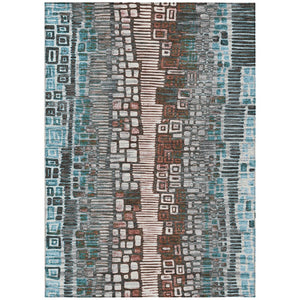 HomeRoots 9' X 12' Teal Blue Ivory Brown Geometric Washable Area Rug for Stylish Indoor & Outdoor Spaces 641336