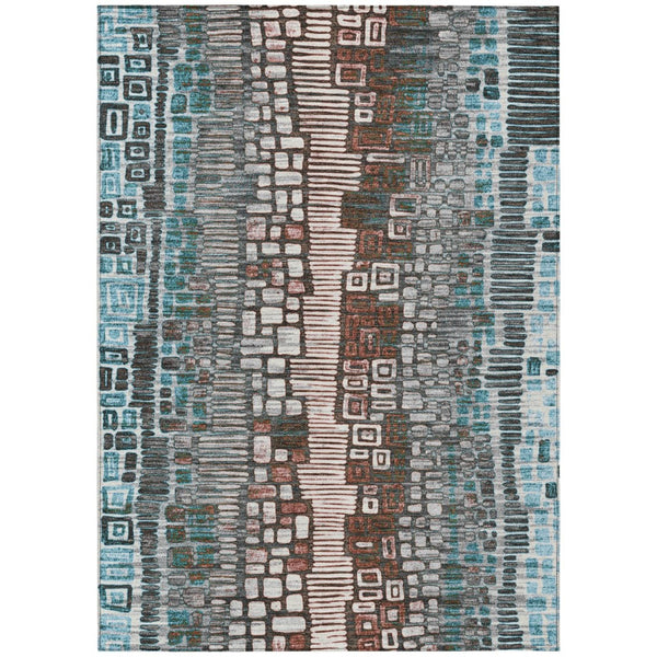 HomeRoots 9' X 12' Teal Blue Ivory Brown Geometric Washable Area Rug for Stylish Indoor & Outdoor Spaces 641336