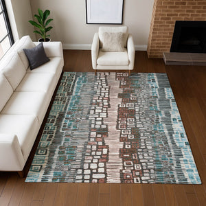 HomeRoots 9' X 12' Teal Blue Ivory Brown Geometric Washable Area Rug for Stylish Indoor & Outdoor Spaces 641336