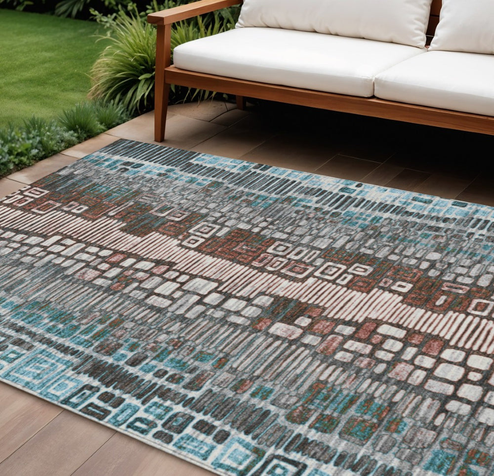 HomeRoots 10' Stylish Teal Blue Geometric Area Rug – Washable, Durable Indoor/Outdoor Design for Modern Spaces 641337