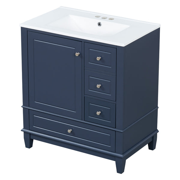 English Elm Christopher Knight Home® - 30" Freestanding Bathroom Vanity with Ceramic Sink, Soft-Close Door, Gold Knobs & 3 Drawers, Durable Painted Finish Blue N759P225994C