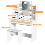 English Elm Vanity Desk Set Stool & Dressing Table With Led Lighting Mirror Drawer and Compartments Modern Wood Cosmetic Table Chest Of Drawers White Color