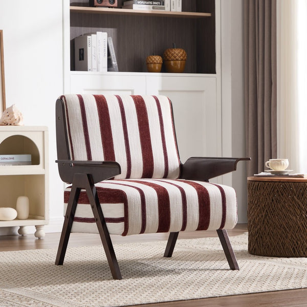 English Elm Modern Striped Linen Accent Chair Solid Wood Legs Wide Armrests for Living Room W1249P479887