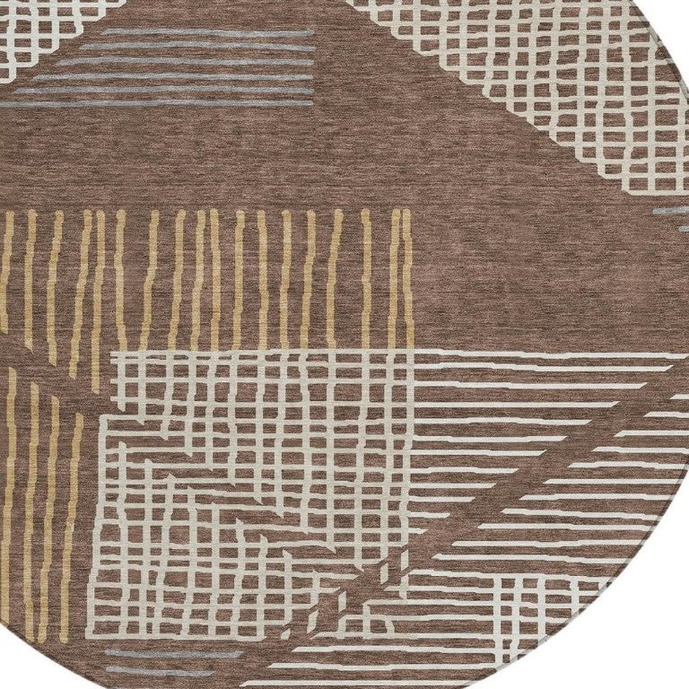 8 Ft Round Striped Washable Polyester Area Rug for Indoor Outdoor High Traffic Spaces