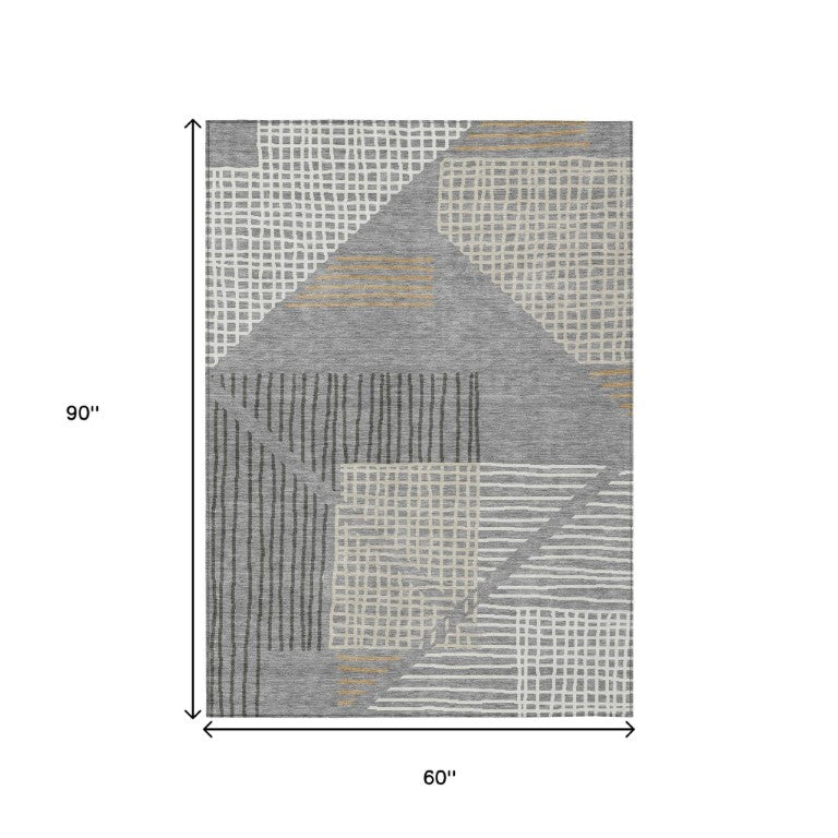 HomeRoots Striped Polyester Area Rug Machine Washable Indoor Outdoor Patio and Living Room Neutral 5' x 8' 641393