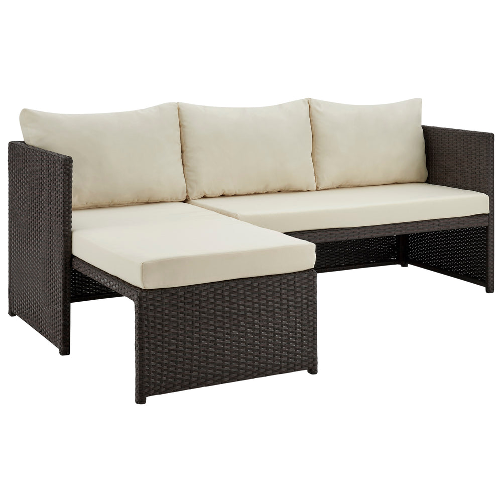 English Elm Menton 3-Piece Sectional Set with Chaise and Waterproof Removable Cushions, Steel Rattan Frame Brown+Tan B365P397653