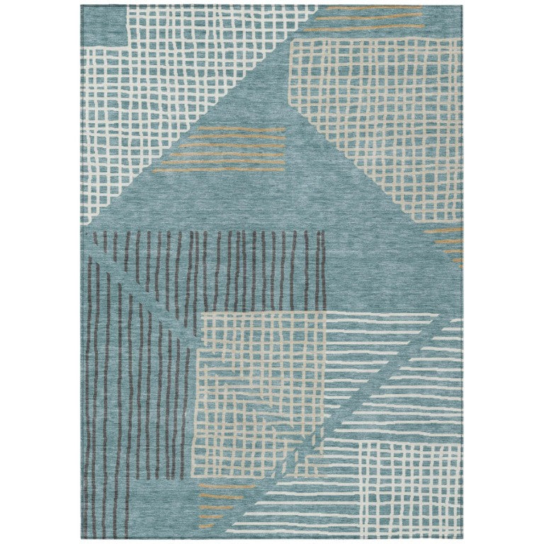 HomeRoots Striped Teal Ivory Washable Polyester Indoor Outdoor Rug for Patio Entryway or Living Room 10' x 14' 641421
