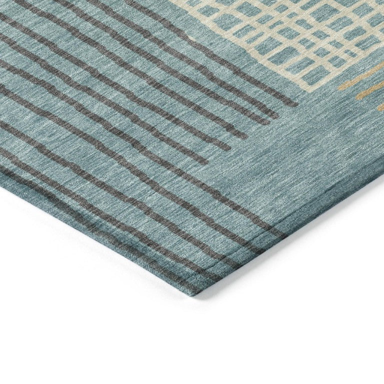 HomeRoots Striped Teal Ivory Washable Polyester Indoor Outdoor Rug for Patio Entryway or Living Room 10' x 14' 641421