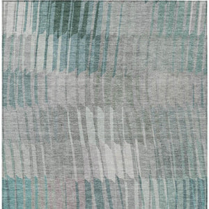 8 X 10 Teal Ivory Stripe Washable Polyester Rug for Patio or Living Room