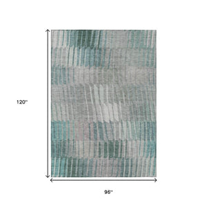 8 X 10 Teal Ivory Stripe Washable Polyester Rug for Patio or Living Room