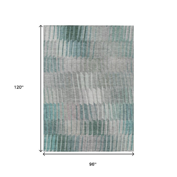8 X 10 Teal Ivory Stripe Washable Polyester Rug for Patio or Living Room