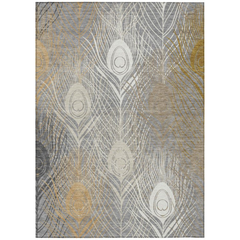 HomeRoots Floral Washable Polyester Area Rug for Stylish Indoor Outdoor Living in Gray Ivory and Gold 10' x 14' 641535