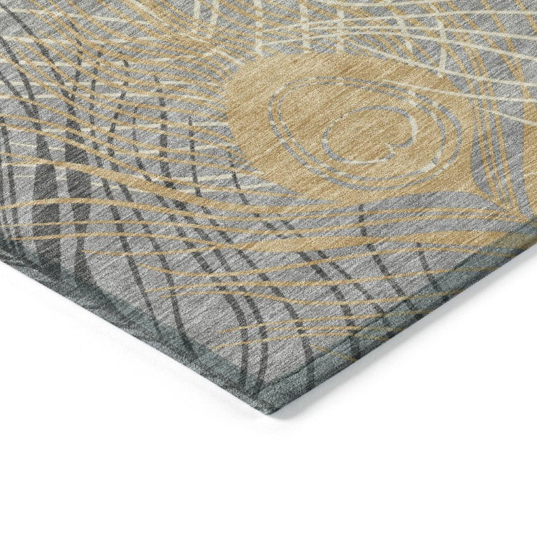 HomeRoots Floral Washable Polyester Area Rug for Stylish Indoor Outdoor Living in Gray Ivory and Gold 10' x 14' 641535