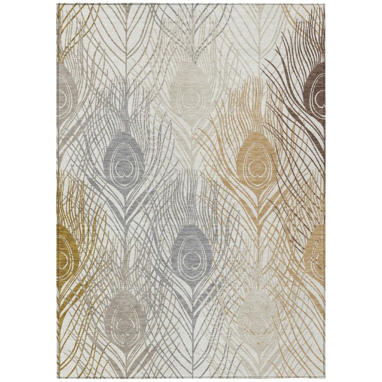 HomeRoots Floral Polyester Area Rug Washable Indoor Outdoor Patio Living Room Ivory Brown Gray 5' x 8' 641537