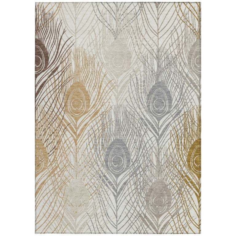HomeRoots Floral Polyester Area Rug Washable Indoor Outdoor Patio Living Room Ivory Brown Gray 5' x 8' 641537
