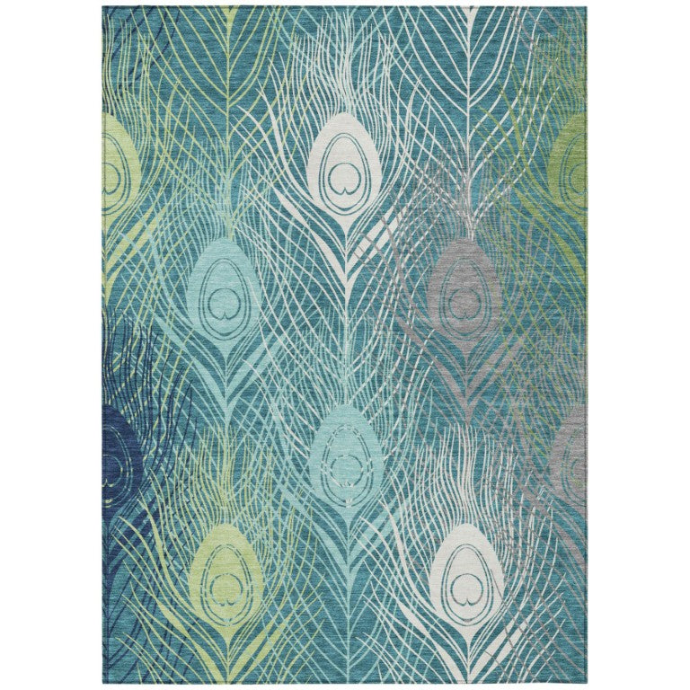 HomeRoots Floral Botanical Polyester Area Rug Washable Indoor Outdoor Teal Ivory Coastal Patio Living Room 5' x 8' 641549
