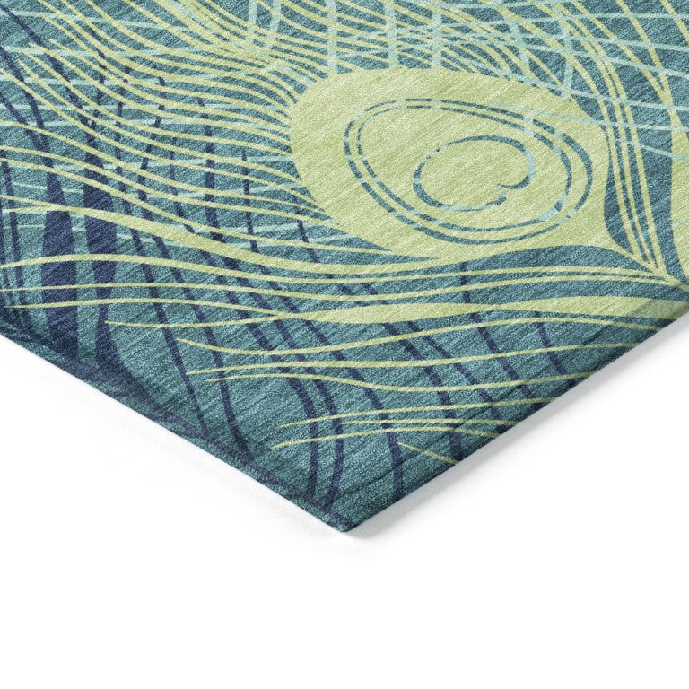HomeRoots Floral Botanical Polyester Area Rug Washable Indoor Outdoor Teal Ivory Coastal Patio Living Room 5' x 8' 641549