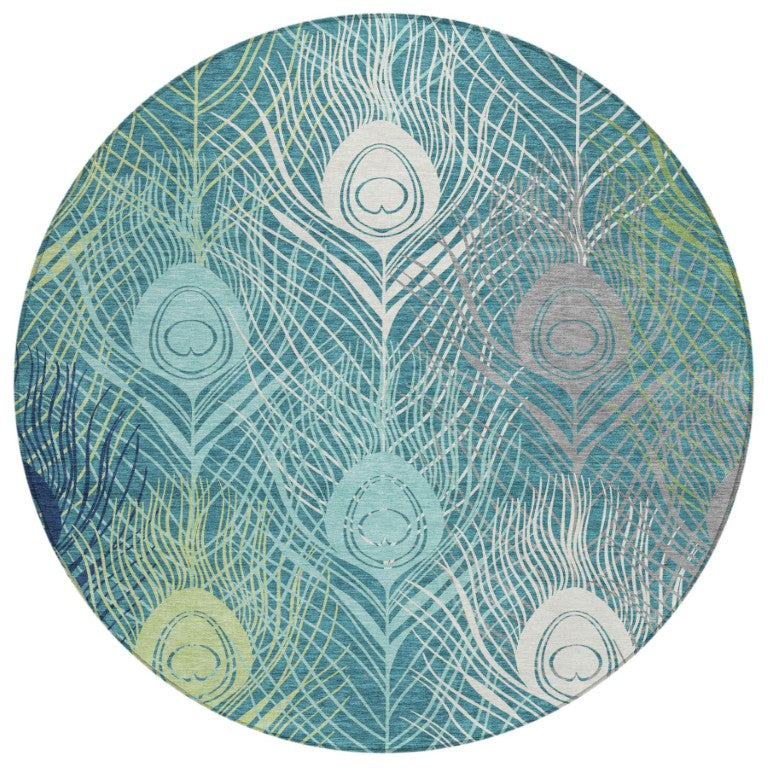 HomeRoots 8 Foot Round Floral Polyester Rug Machine Washable Indoor Outdoor Low Pile Teal 641550