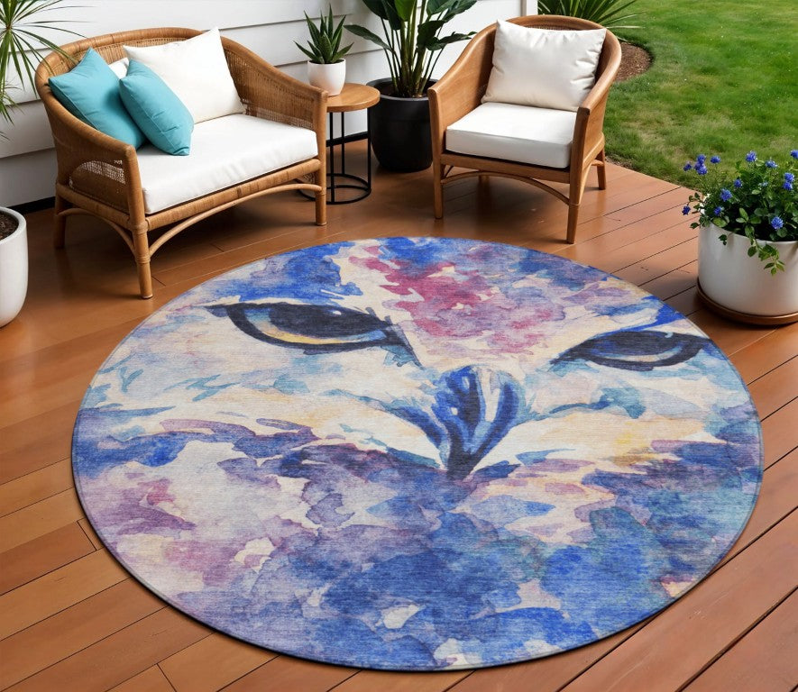 HomeRoots 8 Foot Round Owl Motif Washable Polyester Rug for Indoor Outdoor Living Spaces 641556