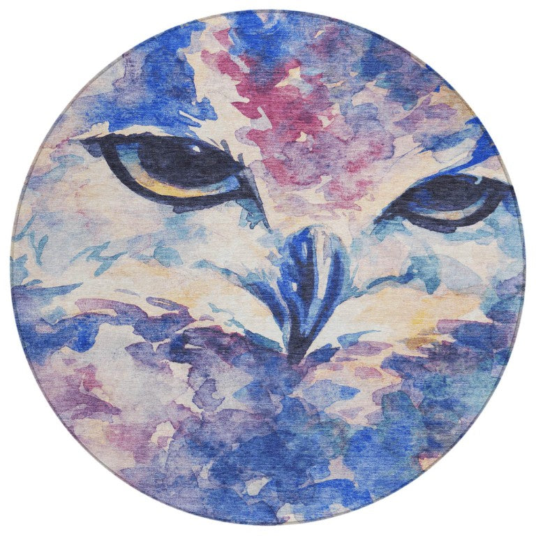HomeRoots 8 Foot Round Owl Motif Washable Polyester Rug for Indoor Outdoor Living Spaces 641556