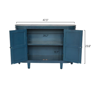 English Elm 47''Oval Handmade Fluted Storage Cabinet with Sliding Shutter Doors, Antique Blue Green Curvy Credenza W2295P290657