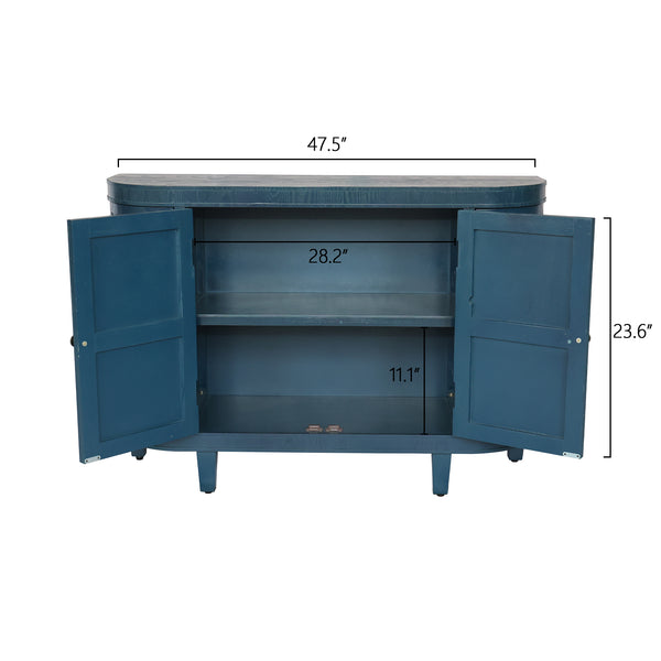 English Elm 47''Oval Handmade Fluted Storage Cabinet with Sliding Shutter Doors, Antique Blue Green Curvy Credenza W2295P290657