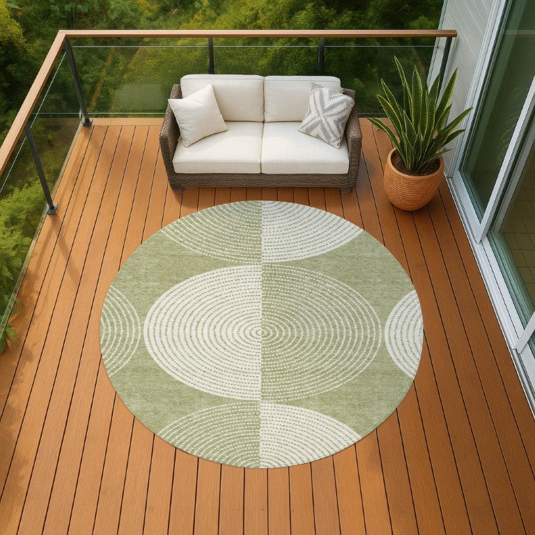 8 Ft Round Geometric Polyester Area Rug Washable Indoor Outdoor Patio Green