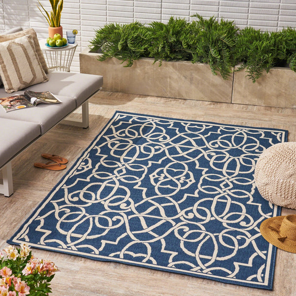 English Elm Christopher Knight Home® - MERIDIAN Navy & Ivory Outdoor Rug 5'3" x 7'6" - Machine Woven Polypropylene, Durable Loop Pile, UV Safe 64158.00
