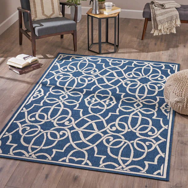 English Elm Christopher Knight Home® - MERIDIAN Navy & Ivory Outdoor Rug 5'3" x 7'6" - Machine Woven Polypropylene, Durable Loop Pile, UV Safe 64158.00