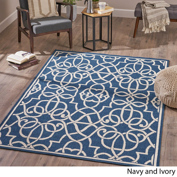 English Elm Christopher Knight Home® - MERIDIAN Navy & Ivory Outdoor Rug 5'3" x 7'6" - Machine Woven Polypropylene, Durable Loop Pile, UV Safe 64158.00