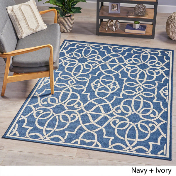 English Elm Christopher Knight Home® - MERIDIAN Navy & Ivory Outdoor Rug 5'3" x 7'6" - Machine Woven Polypropylene, Durable Loop Pile, UV Safe 64158.00