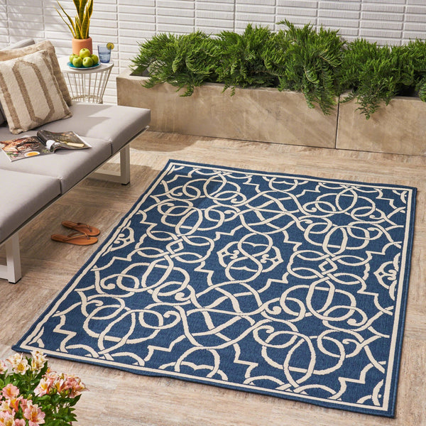 English Elm Christopher Knight Home® - MERIDIAN Navy & Ivory Outdoor Rug 5'3" x 7'6" - Machine Woven Polypropylene, Durable Loop Pile, UV Safe 64158.00