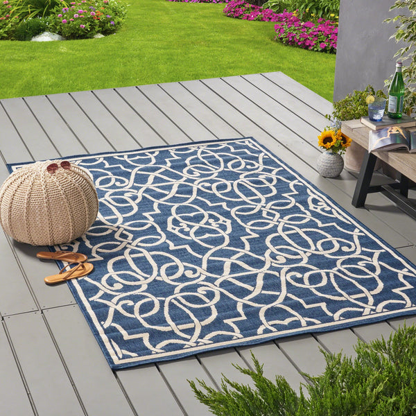 English Elm Christopher Knight Home® - MERIDIAN Navy & Ivory Outdoor Rug 5'3" x 7'6" - Machine Woven Polypropylene, Durable Loop Pile, UV Safe 64158.00