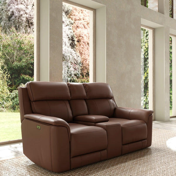 English Elm Oslo Dual Power Reclining Love Seat With Console & Usb Ports - Premium Leather Comfort In Pecan B339P411570