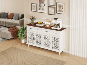 English Elm Vintage Farmhouse Sideboard with Hand-carved Doors Two-tone Distressed Wood Finish W688P360028